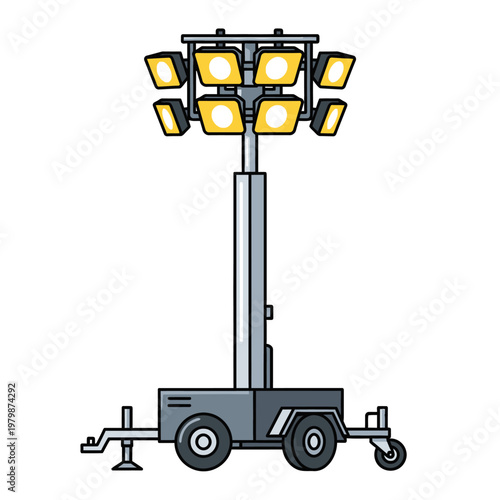 Portable Lighting Tower with Multiple Bright Floodlights on Trailer Base, Outdoor Illumination