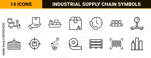 Supply chain and delivery logistics line icon set in minimalist outline style