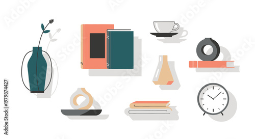Various household objects on shelves.