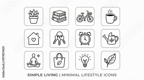 Vector line icons illustrating minimalist living principles, sustainable practices, home essentials, wellness, and eco-friendly choices for a serene daily life