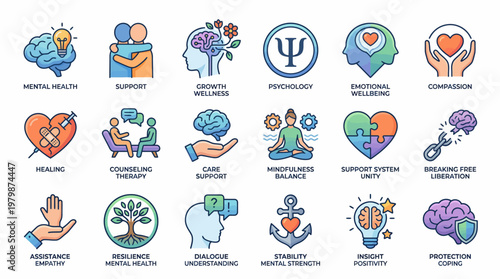 Mental Health and Wellness A Collection of Icons Depicting Support, Growth, and Inner Peace