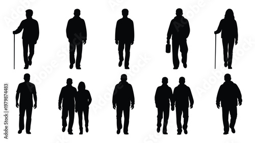 A collection of black silhouettes depicting people walking standing and interacting in various poses and arrangements high quality professional detailed modern