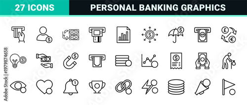 Finance and banking minimalist outline icon set