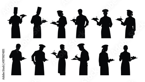 A collection of black silhouette figures depicting chefs and waitstaff holding trays showcasing hospitality and culinary service high quality professional detailed