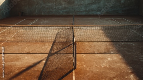 Sunset Light on Empty Tennis Court with Net and Clay Surface