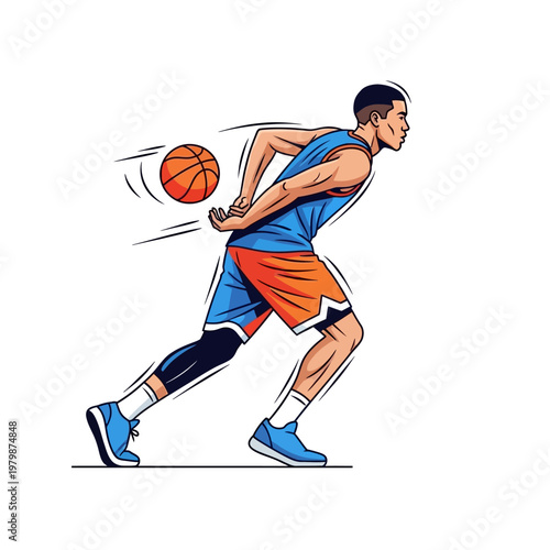 Athletic basketball player dribbling ball with speed lines, dynamic sports illustration