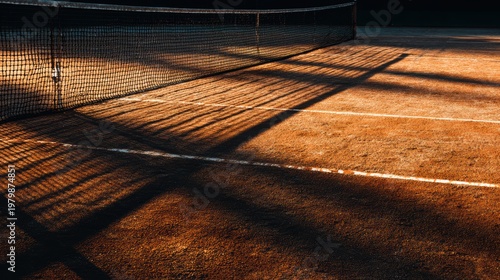 Tennis Court with Long Shadows at Sunset on Clay Surface
