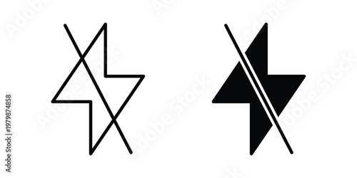 Flash off icon. Flat and outline icons. Black icons