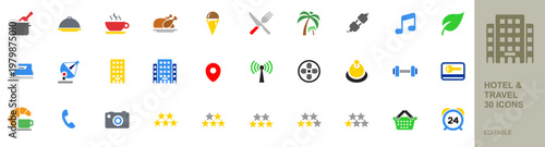 Hotel and Travel Icons collection. CHotel Building, Location Pin, Wi-Fi, Credit Card, Service Bell and more. Perfect vector icon collection.