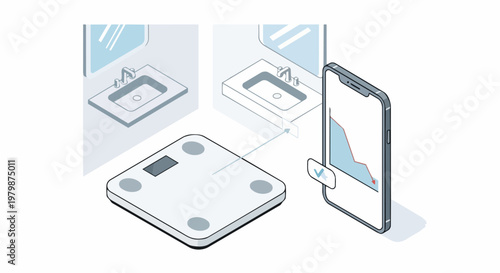 Isometric Illustration of a Smart Bathroom Scale Syncing with a Mobile Health App Showing Weight Loss Progress