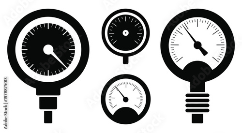 Pressure, gauges icon illustration, industrial measurement instruments, pressure monitoring systems, precision indicators, mechanical dial tools, engineering equipment, flat vector graphics for 
