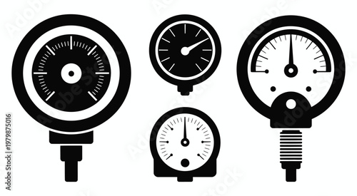 Pressure, gauges vector illustration, instruments indicating measurements, industrial equipment, pressure monitoring, precision indicators, mechanical dials, measurement tools, engineering control 