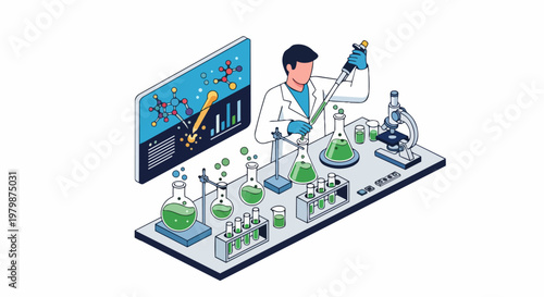 Scientist Conducting Laboratory Research and Chemical Analysis in Isometric Vector Illustration