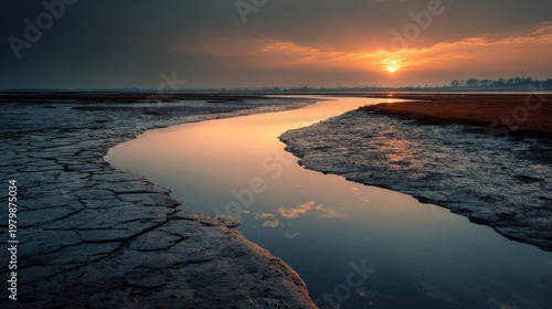 Serene Sunset Over Tranquil River in a Dry Landscape