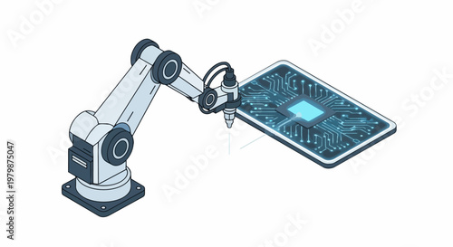 Robotic Arm Assembling Microprocessor with Circuit Board, Industrial Automation and AI Technology Concept, Isometric Vector Illustration