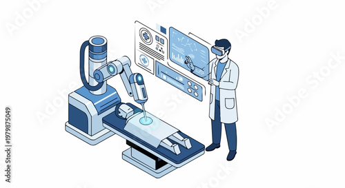 Isometric Robotic Surgery Illustration with Doctor Using VR Headset and Digital Medical HUD Interface for Advanced Healthcare Technology