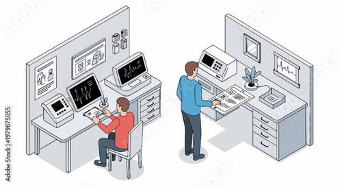 Isometric Medical Healthcare Monitoring Workstations with Clinicians Analyzing Patient Data and Heart Rate Monitors