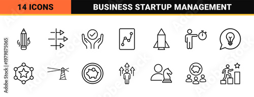 Business startup and management strategy line icons