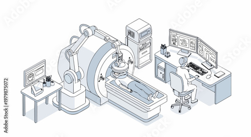 Isometric Illustration of Robotic-Assisted Surgery and Advanced Medical MRI Diagnostic Imaging in a Modern Hospital Clinic