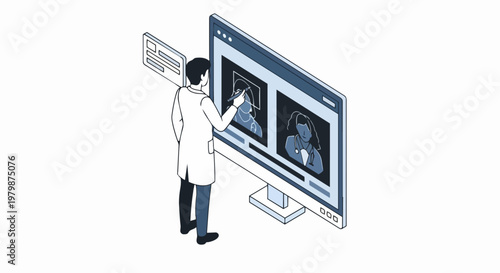 Isometric Illustration of a Doctor Using a Large Digital Monitor for Medical Data Analysis, Telemedicine, and Healthcare Technology Management