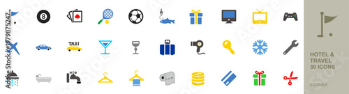 Hotel and Travel Icons collection. Containing Airplane, Taxi, Suitcase / Luggage, Key, Bathtub and more. Perfect vector icon collection.