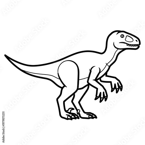 A black and white line drawing of a cartoon velociraptor dinosaur standing on its hind legs.