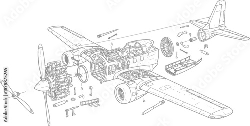A detailed illustration of an airplane disassembled with parts scattered around it on the ground outside.