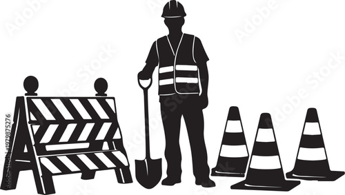Construction worker with safety gear and road block equipment