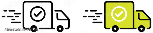 Fast delivery truck icon set with checkmark symbol, rapid shipping and courier service logistics system, verified delivery status and on time transport guarantee concept vector