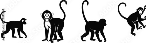 Monkey Silhouette Collection with Various Poses Primate Animal Set for Wildlife Jungle Design Black Vector Illustration Pack