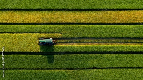Aerial View of Tractor Working in Green Rice Field Landscape