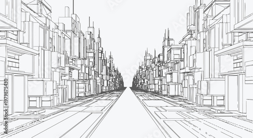 A detailed illustration of a city street lined with buildings on both sides stretches out into the distance.