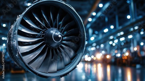 Close-Up of Jet Engine Turbine Blades in Industrial Setting