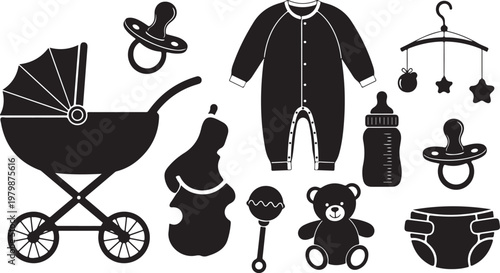 Baby nursery essentials and toys in black and white