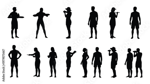 A collection of black silhouettes depicting various people in casual summer clothing standing in different poses and orientations high quality professional