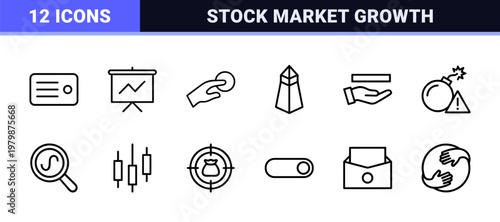 Minimalist Finance and Investment Stock Market Trading Line Icon Set.