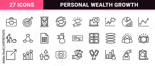 Minimalist finance and banking line art symbols for business.