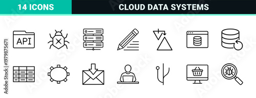 Set of black linear web development and cloud services icons on white background.
