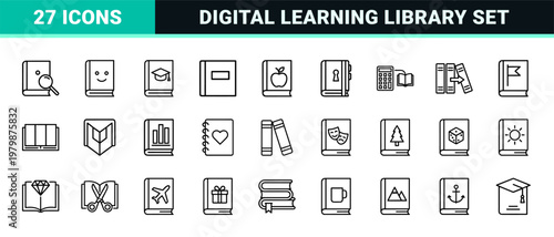 Minimalist thin line book and education icon set for digital libraries.
