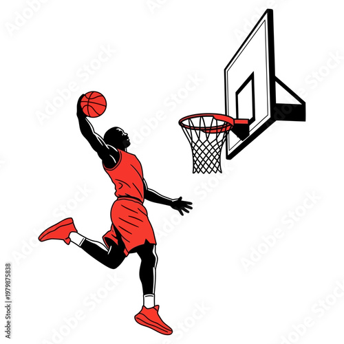 Basketball player dunking slam dunk, red jersey, dynamic action, athletic silhouette
