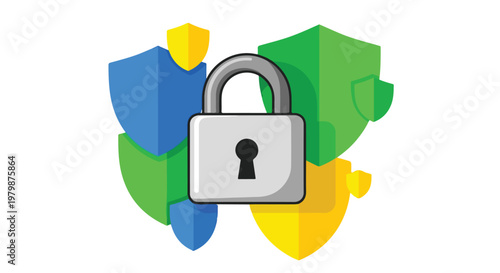 This vector illustration features a sturdy silver padlock positioned before a collection of colorful shields, symbolizing strong security.
