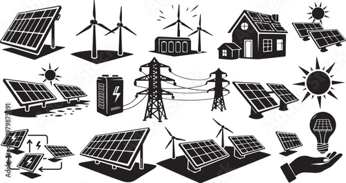 Renewable Energy Sources and Sustainable Power Generation Icons Set