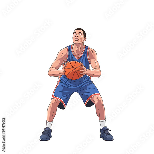 Basketball Player Holding Ball Ready to Shoot, Athletic Man in Uniform on White Background