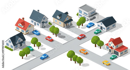 Suburban Neighborhood Street Scene with Houses and Cars.