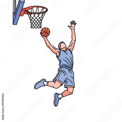 Basketball player in mid-air during a slam dunk, dynamic sports illustration