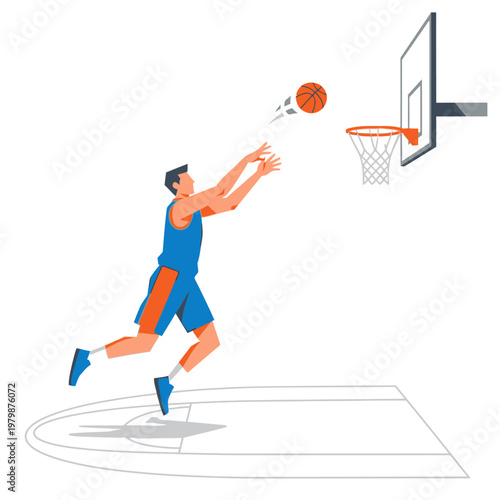 Basketball player jumping and shooting ball into hoop, dynamic sports illustration
