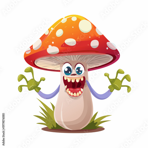 Spooky Cartoon Mushroom Character with Googly Eyes and Wide Grin