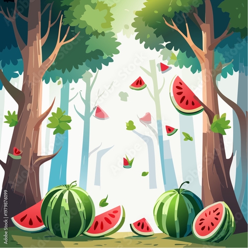 Fresh watermelon slices scattered around in a lush green forest during a sunny day