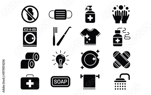 Hygiene and sanitation icons showing health safety and cleanliness related objects.