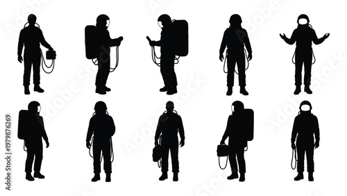 A collection of ten black silhouette figures depicting astronauts in various poses and with equipment high quality professional detailed modern elegant